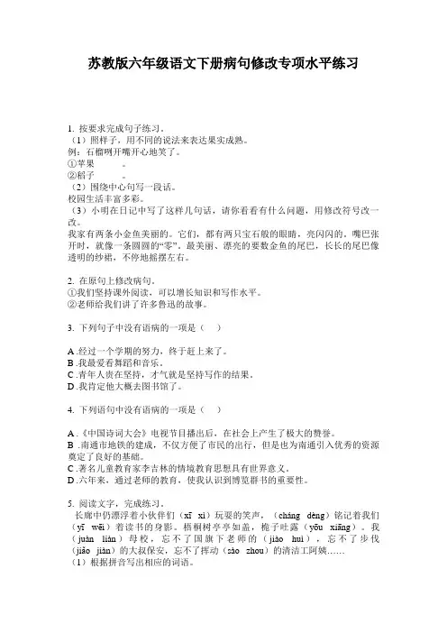 苏教版六年级语文下册病句修改专项水平练习