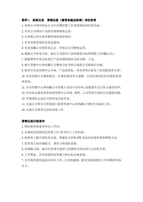 医药企业营销总监(兼常务副总经理)岗位职责