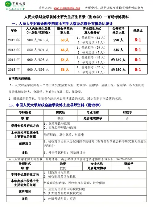 人民大学财金学院博士研究生招生目录(财政学)招生报名人数复习资料—育明考博资料