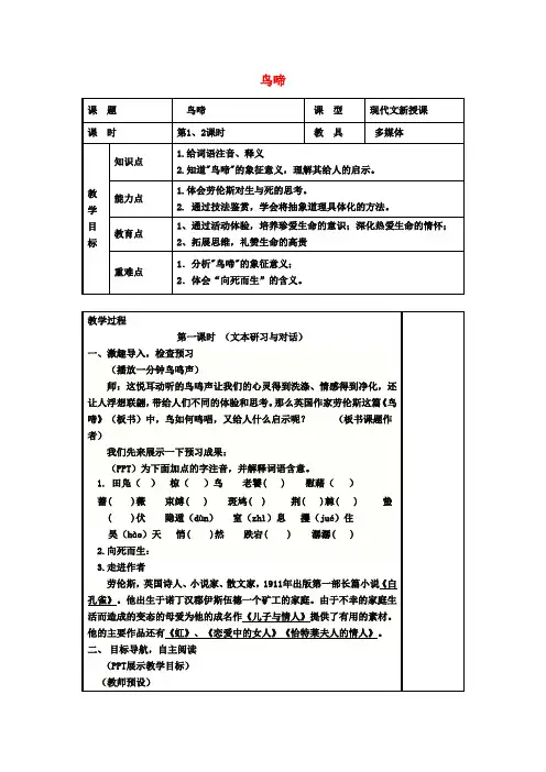 高中语文第一专题《鸟啼》教案苏教版必修2