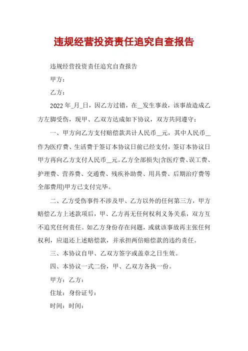 违规经营投资责任追究自查报告