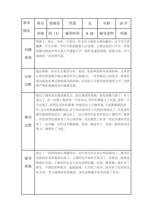 小学生心理健康咨询个案辅导记录表