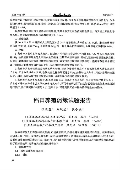 稻田养殖泥鳅试验报告