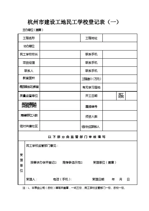 杭州市建设工地民工学校登记表(一)