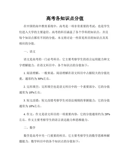 高考各知识点分值