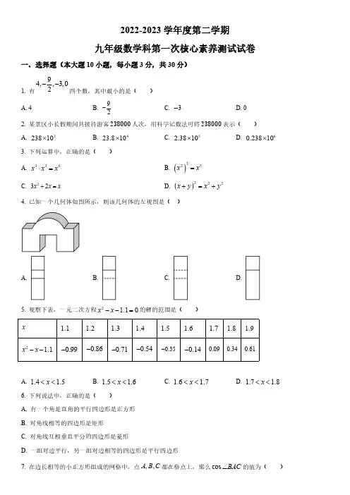 2023年广东省九年级下学期数学第一次核心素养测试卷(中考一模)含详解