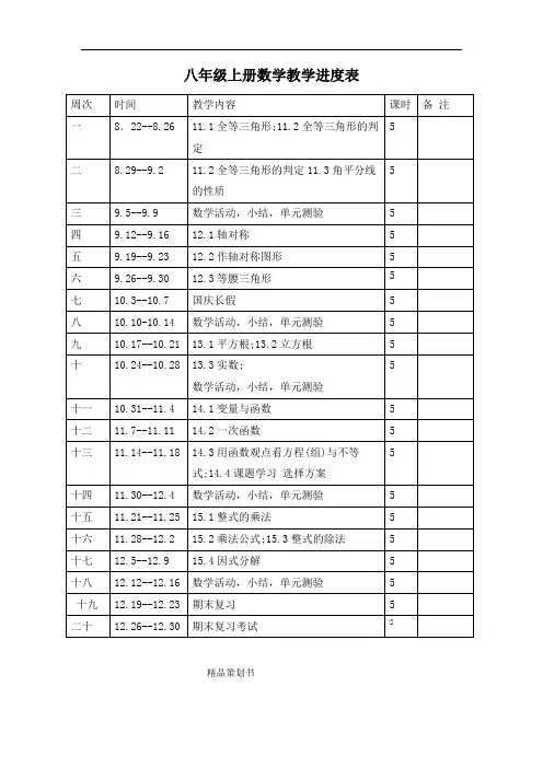 八年级上册数学教学进度表可打印.doc