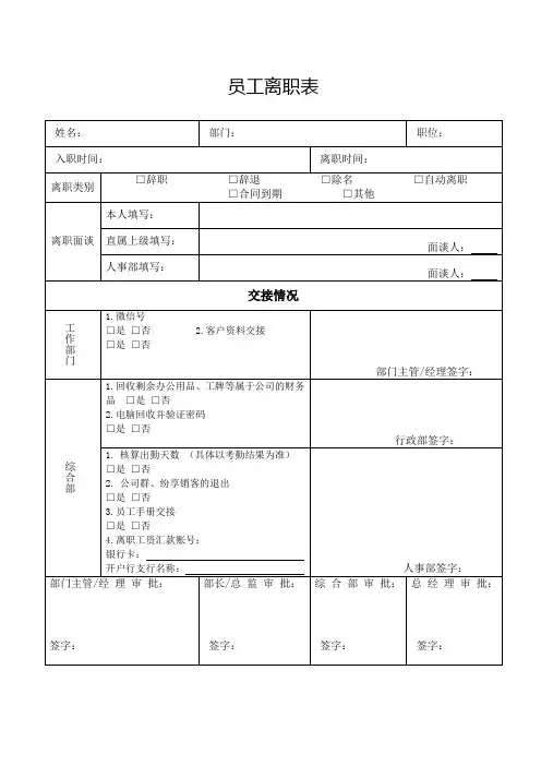 员工离职表 (标准模版)