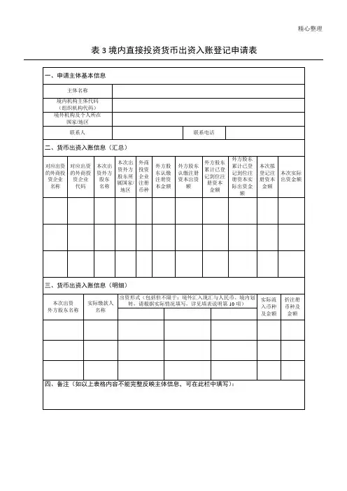 境内直接投资货币出资入账登记申请表格模板