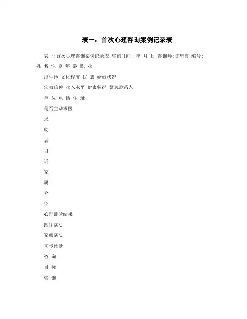 表一：首次心理咨询案例记录表