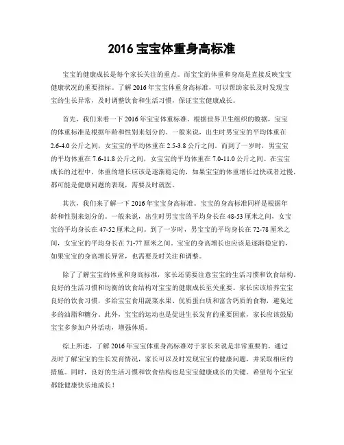 2016宝宝体重身高标准