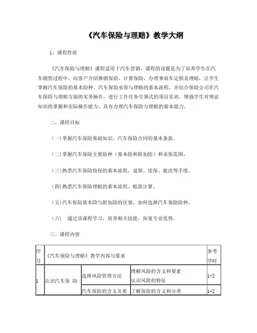 《汽车保险与理赔》教学大纲