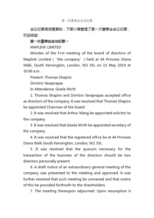 第一次董事会会议纪要_会议纪要_