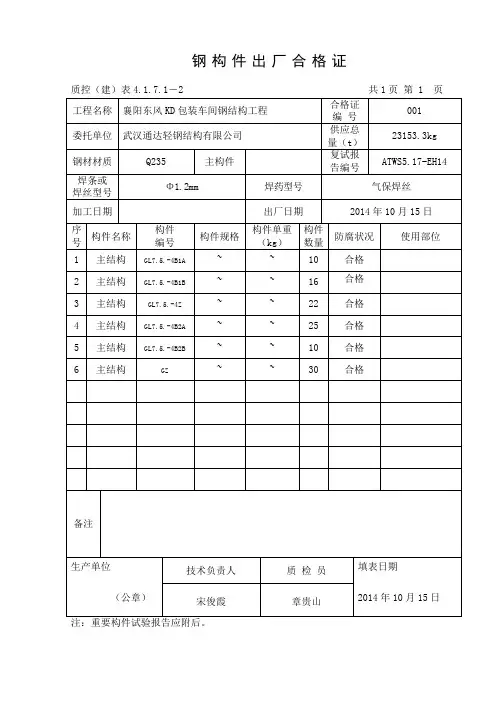 钢构件出厂合格证(用)