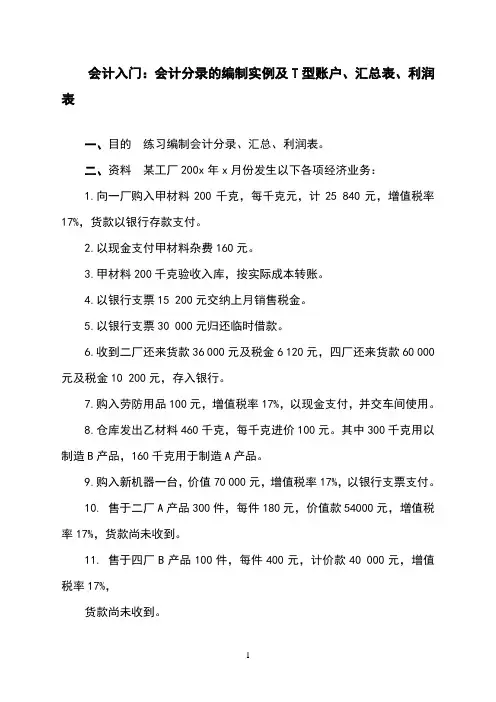 会计入门：会计分录的编制实例及T型账户、汇总表、利润表