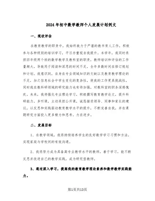 2024年初中数学教师个人发展计划例文（六篇）