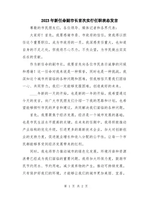 2023年新任命副市长首次实行任职表态发言