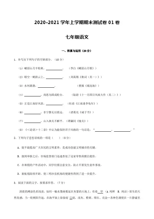 福建省-学年七年级语文上学期期末测试卷01卷（含答案）