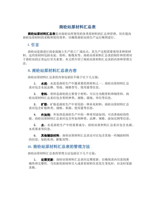 商砼站原材料汇总表