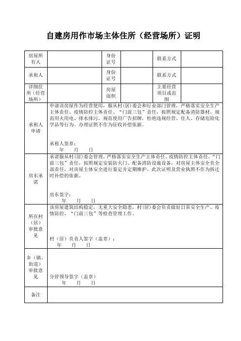 自建房用作市场主体住所(经营场所)证明