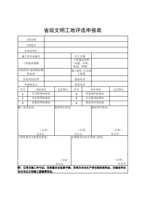 省级文明工地评选申报表模版
