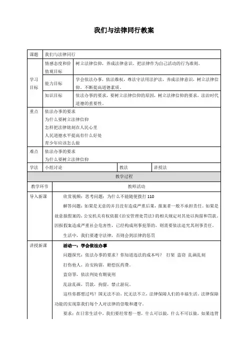 【精选】人教版《道德与法治》七年级下册_10.2 我们与法律同行 教案 (1)(一)共3份