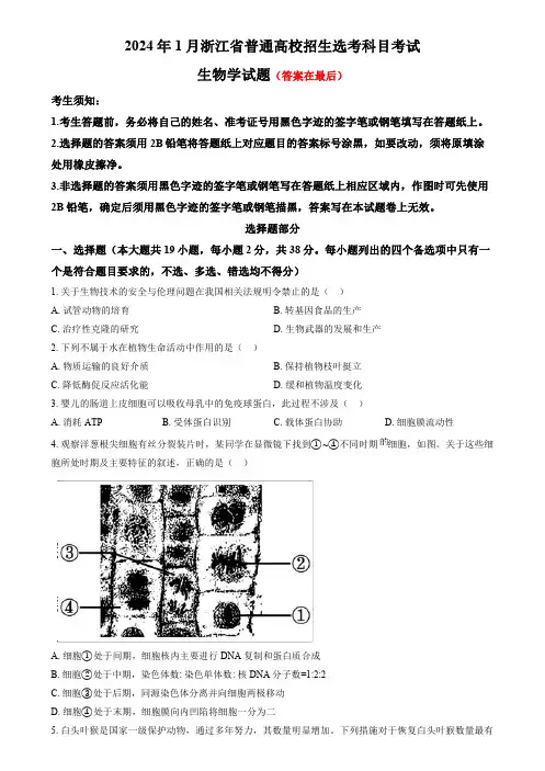 2024年1月浙江省普通高校招生选考科目考试生物学试题含答案