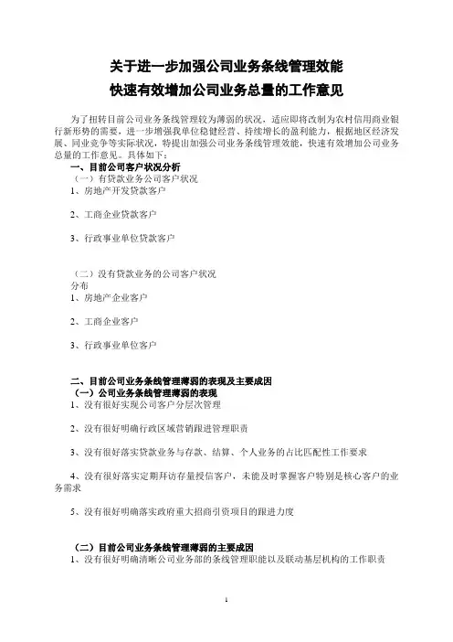 关于进一步加强公司业务条线管理效能,快速有效增加公司业务总量的工作意见