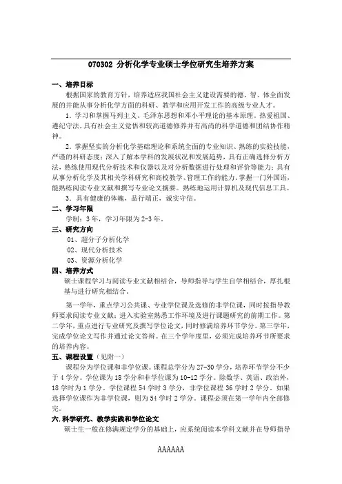 070302分析化学专业硕士学位研究生培养方案
