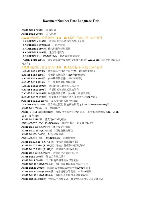 阀门标准ASME标准目录