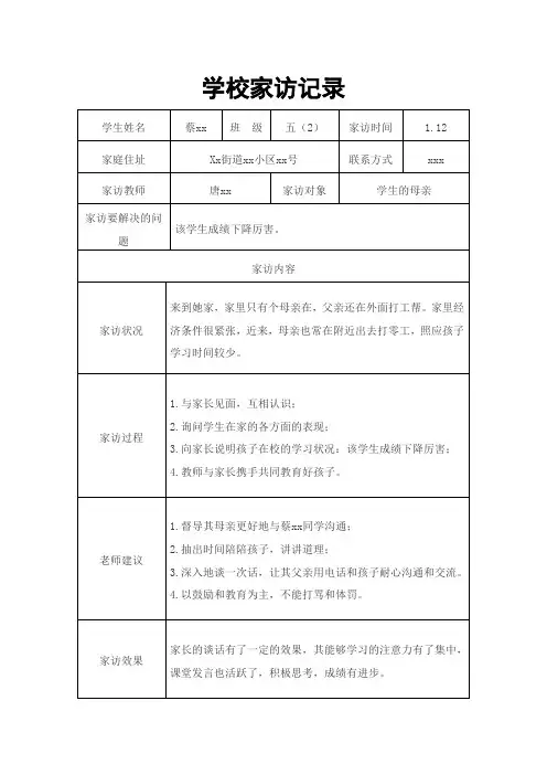 学校学生家访记录表(表格式)