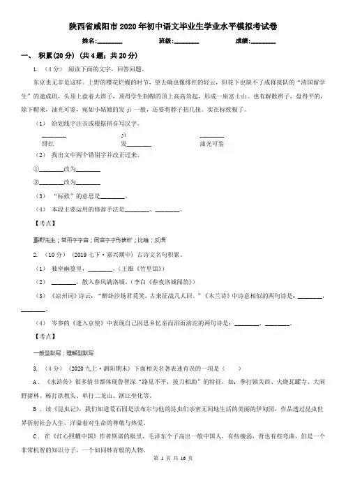 陕西省咸阳市2020年初中语文毕业生学业水平模拟考试卷