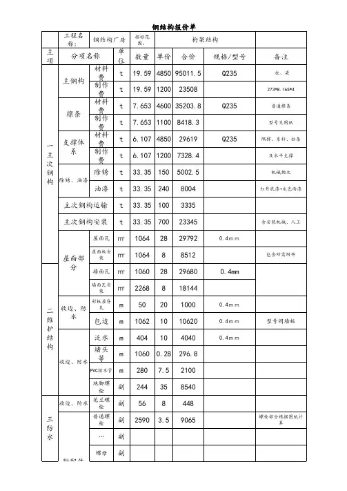 钢结构报价清单标