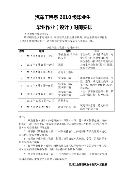 毕业作业(设计)时间安排
