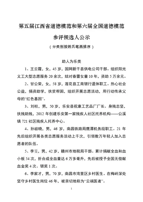 第五届江西省道德模范和第六届全国道德模范