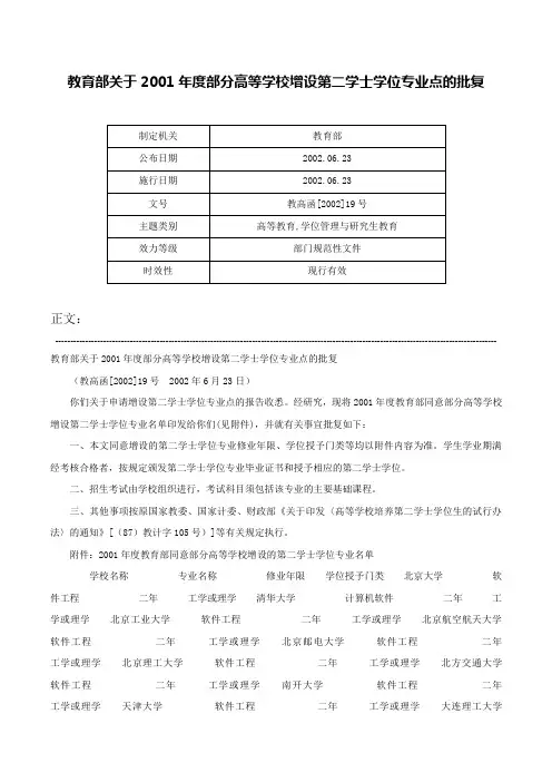 教育部关于2001年度部分高等学校增设第二学士学位专业点的批复-教高函[2002]19号
