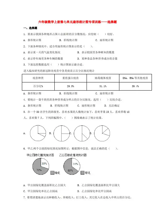 六年级数学上册第七单元扇形统计图专项训练——选择题(人教版,含答案)
