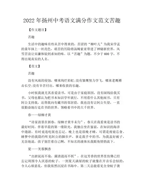 中小学优选作文之2022年扬州中考语文满分作文范文苦趣