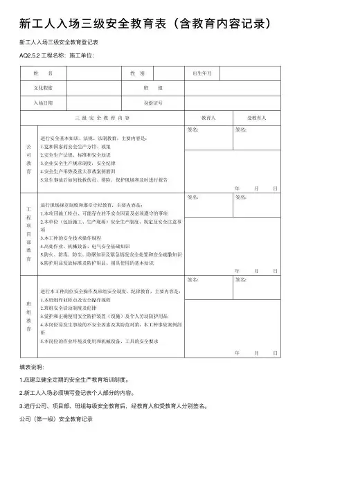 新工人入场三级安全教育表（含教育内容记录）