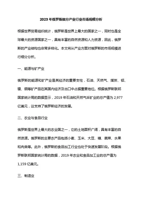 2023年俄罗斯细分产业行业市场规模分析