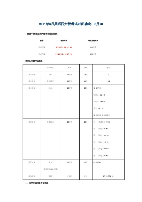 2011年6月四六级考试时间安排