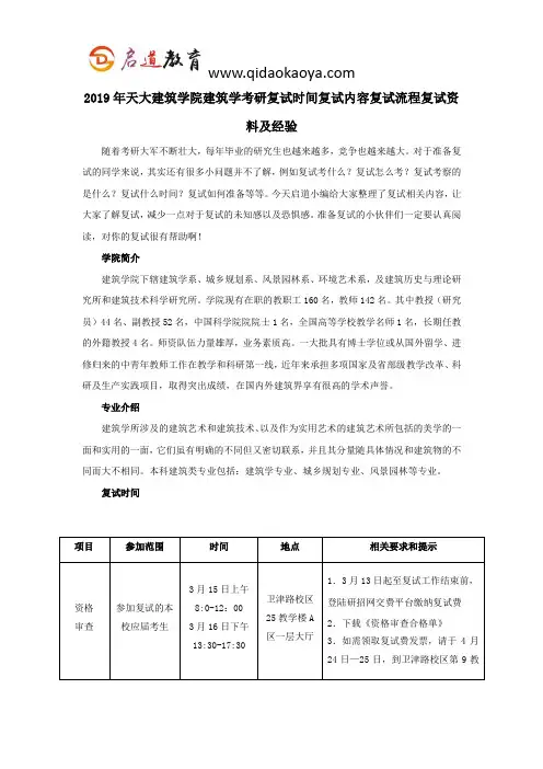 2019年天大建筑学院建筑学考研复试时间复试内容复试流程复试资料及经验