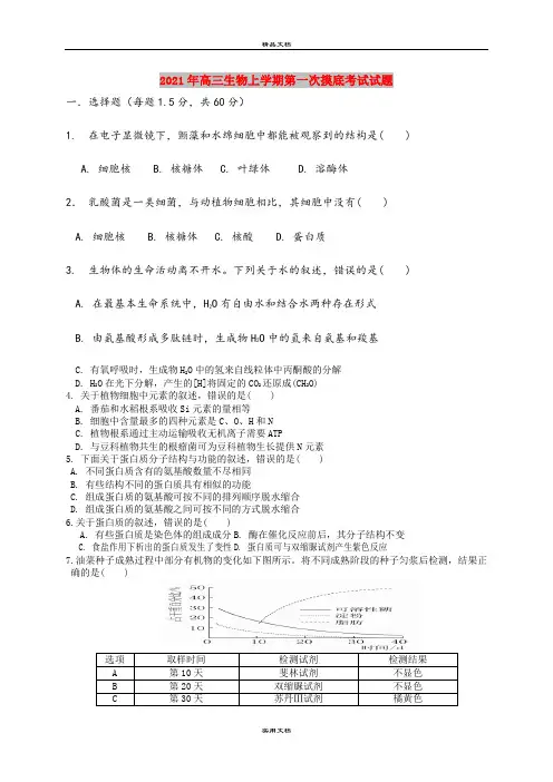 2021年高三生物上学期第一次摸底考试试题