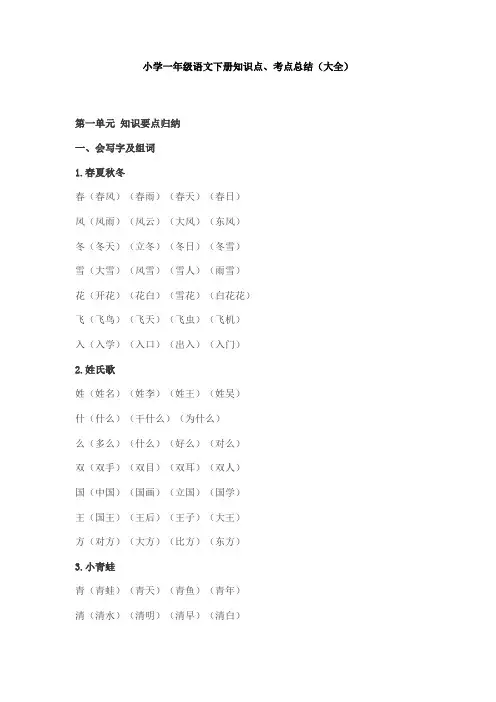 【免费】小学一年级语文下册知识点、考点总结(大全)