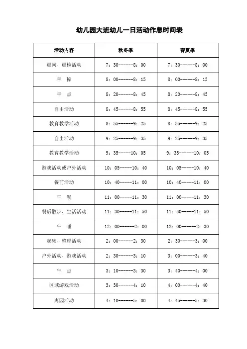 幼儿园幼儿一日活动作息时间表