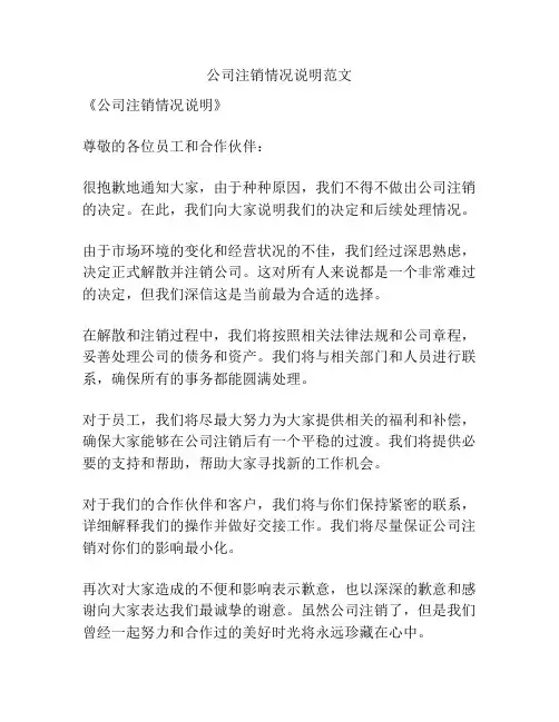 公司注销情况说明范文