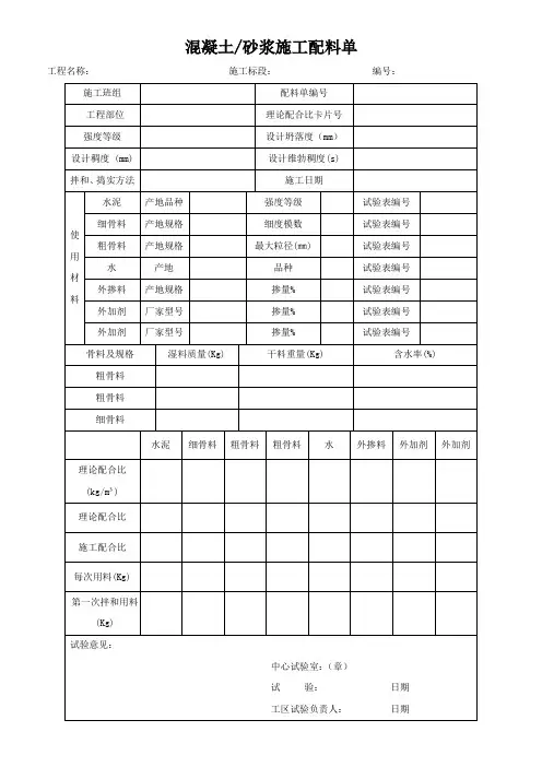 混凝土、砂浆施工配料单