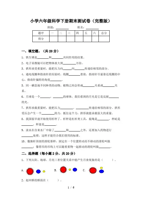 小学六年级科学下册期末测试卷(完整版)