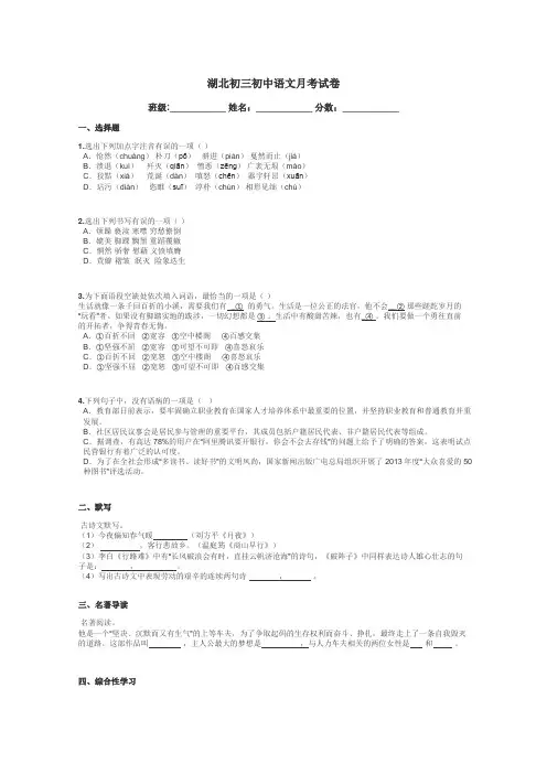湖北初三初中语文月考试卷带答案解析
