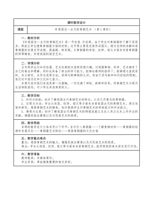 人教版美术五年级下册20《珍爱国宝  古代的青铜艺术》教学设计